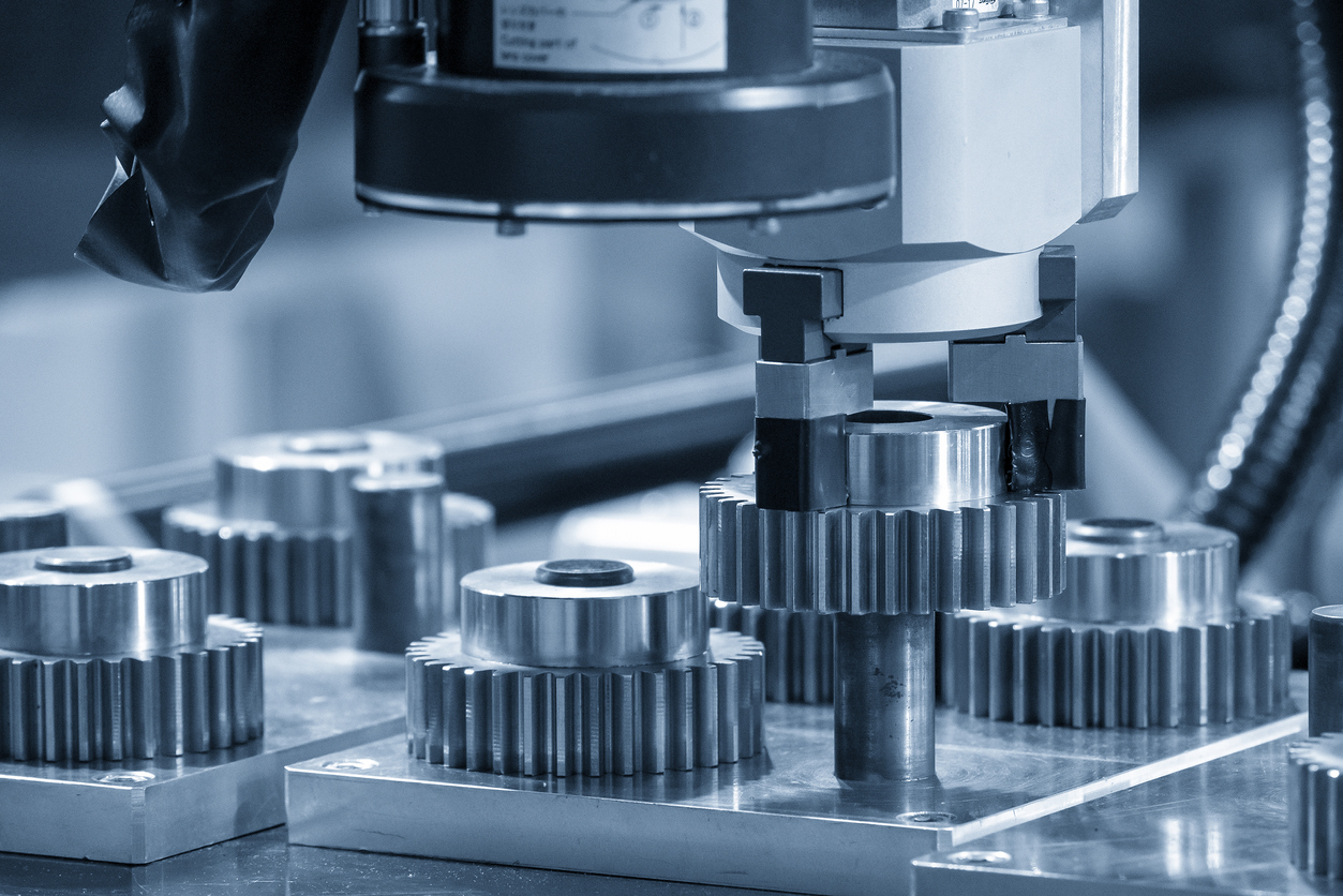 The hi-technology material handling process by robotic system with metal gear parts.